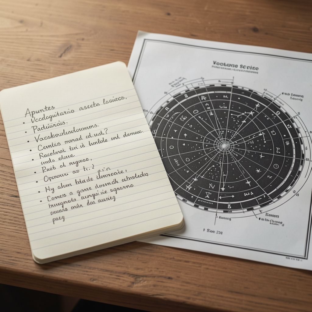 Apuntes manuscritos de vocabulario astrológico junto a un mapa estelar impreso
