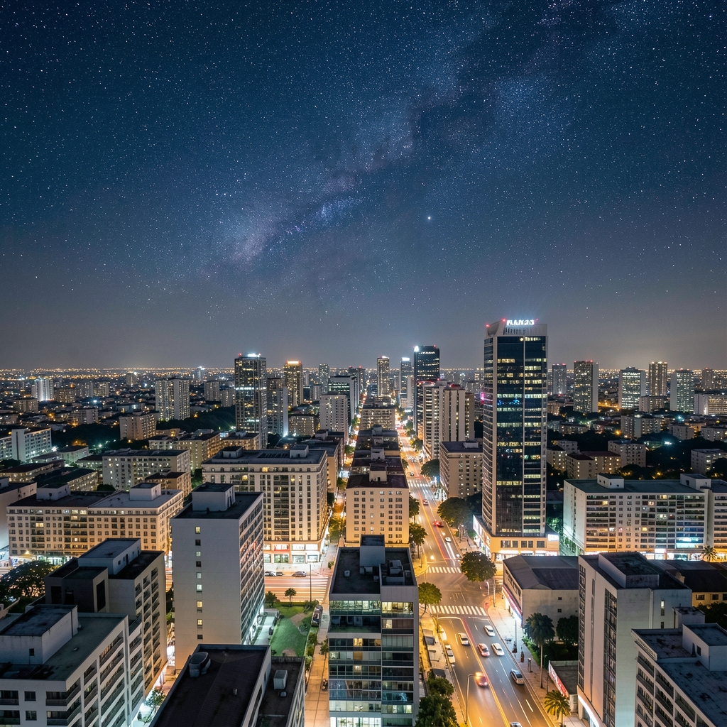 Cielo nocturno sobre la Avenida Corrientes de Buenos Aires con estrellas visibles y arquitectura urbana iluminada