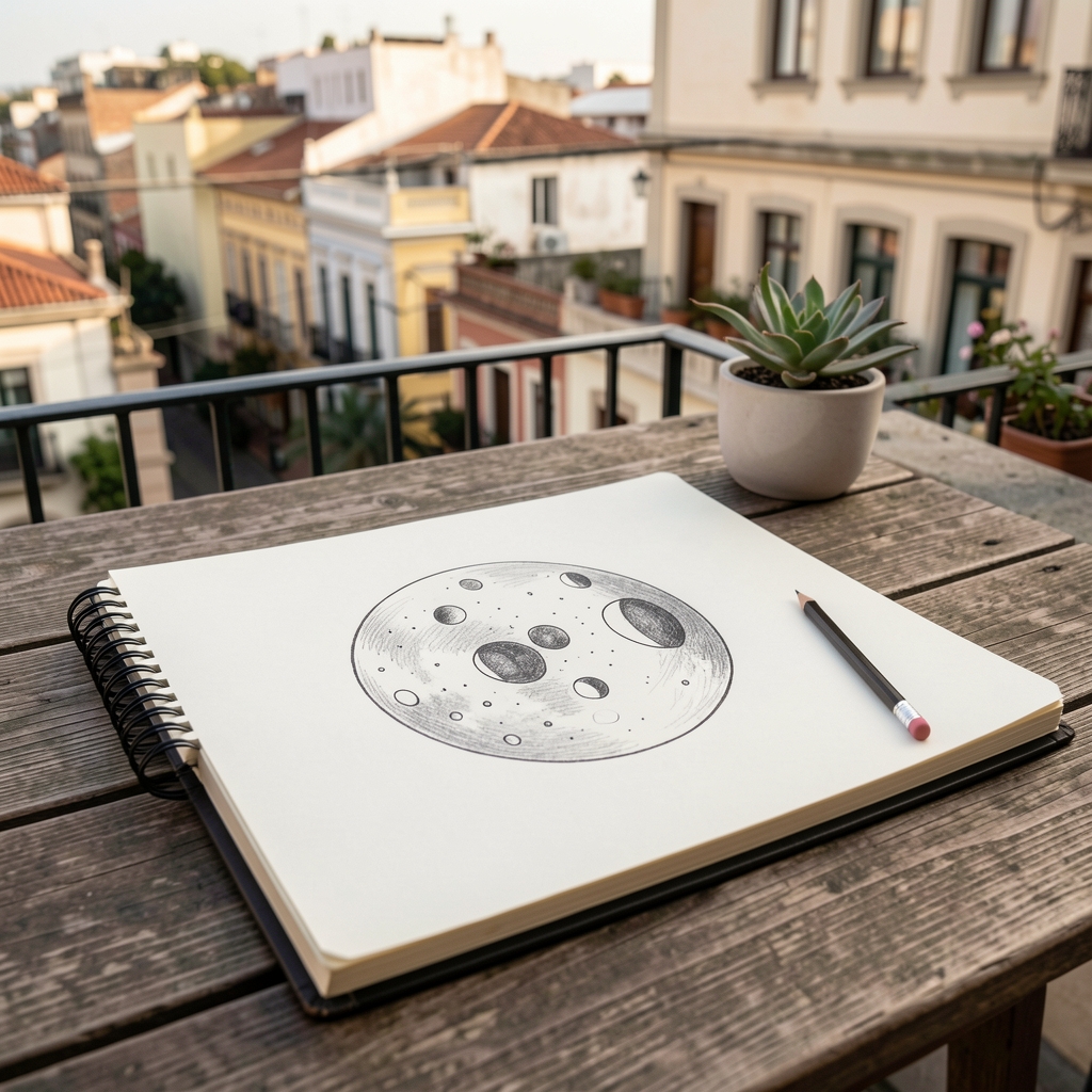 Diario de observación con dibujo de fases lunares y lápiz sobre una terraza porteña