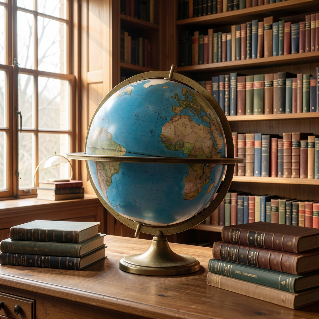 Globo celeste antiguo en una biblioteca con luz natural y libros de astronomía