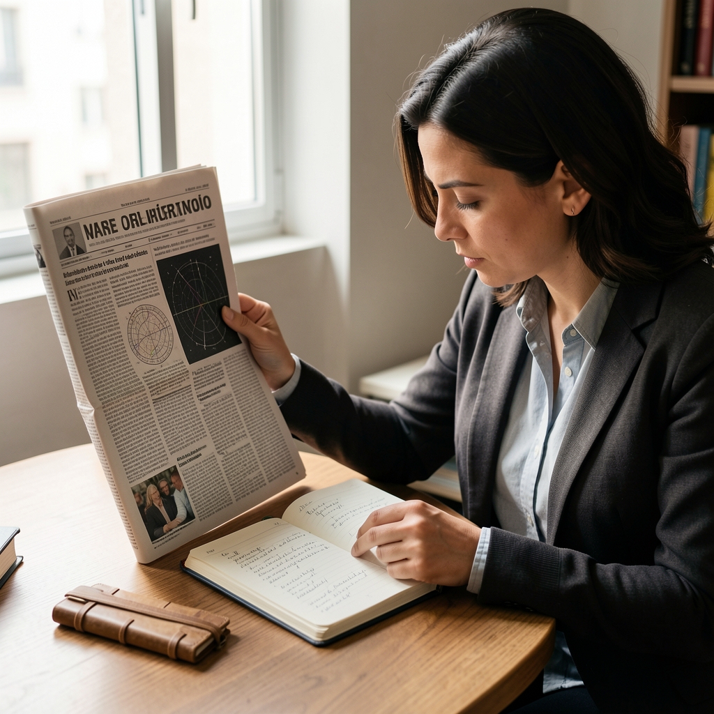 Persona revisando una columna de astrología en un periódico argentino junto a un cuaderno de análisis