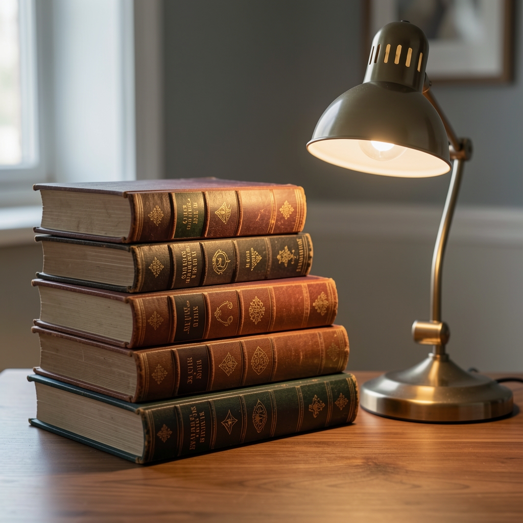 Libros antiguos de mitología estelar apilados junto a una lámpara de escritorio