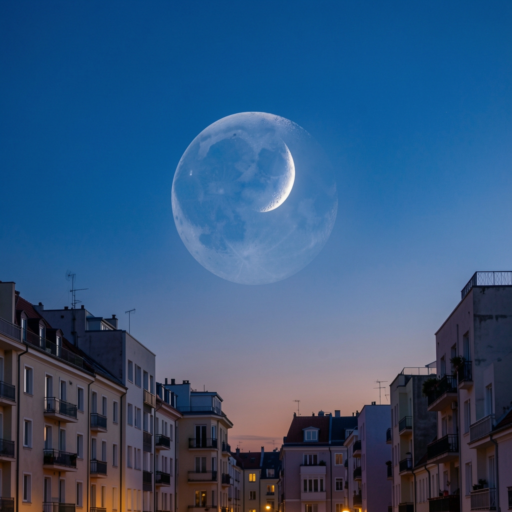 Luna creciente sobre edificios de Buenos Aires al anochecer con cielo azul profundo
