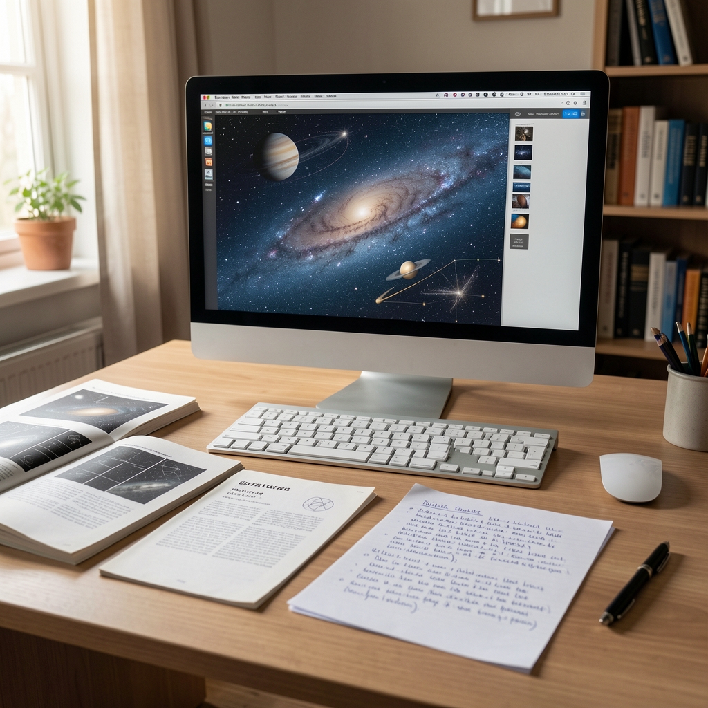 Mesa editorial con computadora, fuentes impresas y notas sobre astronomía cultural en Buenos Aires