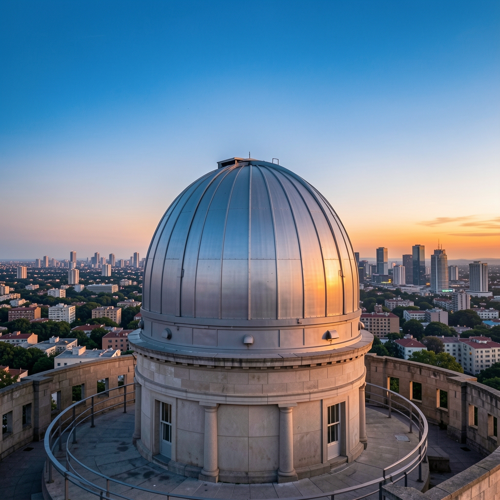 Cúpula de observatorio astronómico y cielo azul al atardecer en el área metropolitana de Buenos Aires