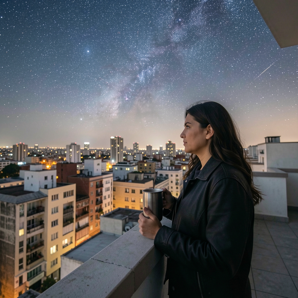 Persona contempla el cielo estrellado desde una terraza de un edificio porteño con mate en la mano