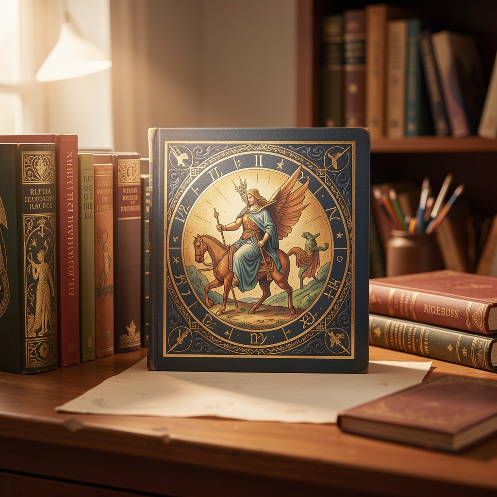 Rueda zodiacal ilustrada sobre una mesa de estudio con libros de mitología y luz cálida